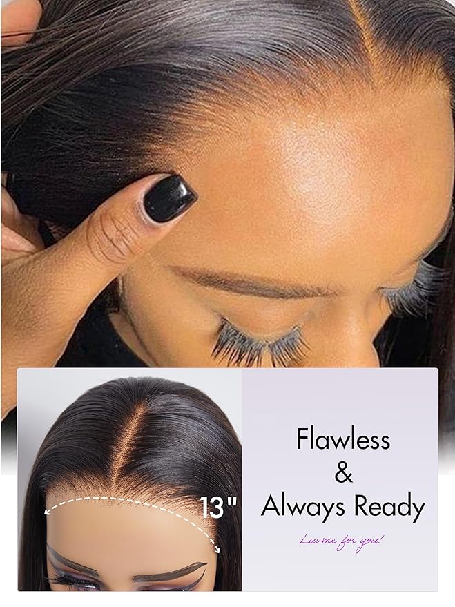 LUVME HAIR 22'' Straight Lace Front Wigs Human Hair 13x4 Pre Cut Lace Glueless Human Hair Wig Pre Plucked Long Straight Black Wig For Women 180 Density