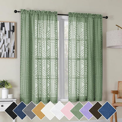 Simplebrand Sage Green Semi Sheer Curtains 54 Inch Length 2 Panels, Geometric by Simplebrand