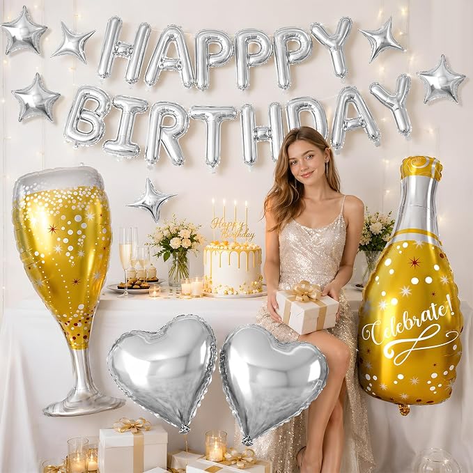 Silver Happy Birthday Balloons Banner, Champagne Bottle Glass Foil Balloon - Image 5