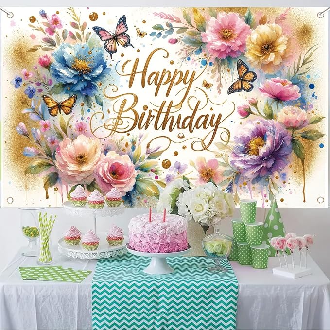 Floral Birthday Backdrop for Girls Spring Butterfly Happy Birthday Photography - Image 2