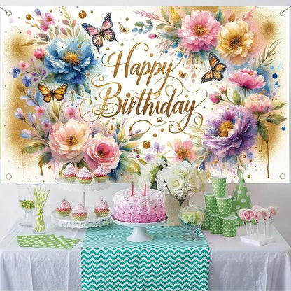 Floral Birthday Backdrop for Girls Spring Butterfly Happy Birthday Photography - Image 2