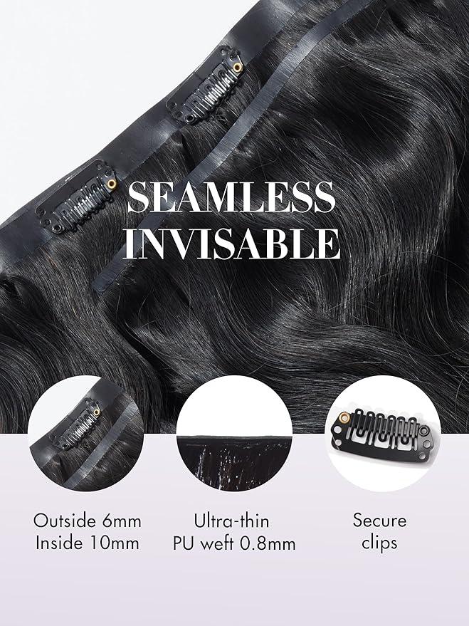 LUVME Clip in Hair Extensions Real Human Hair, Natural Black 135g 9pcs 18 Inch, Human Hair Clip ins Extensions for Women on Thick Body Wavy Extensions