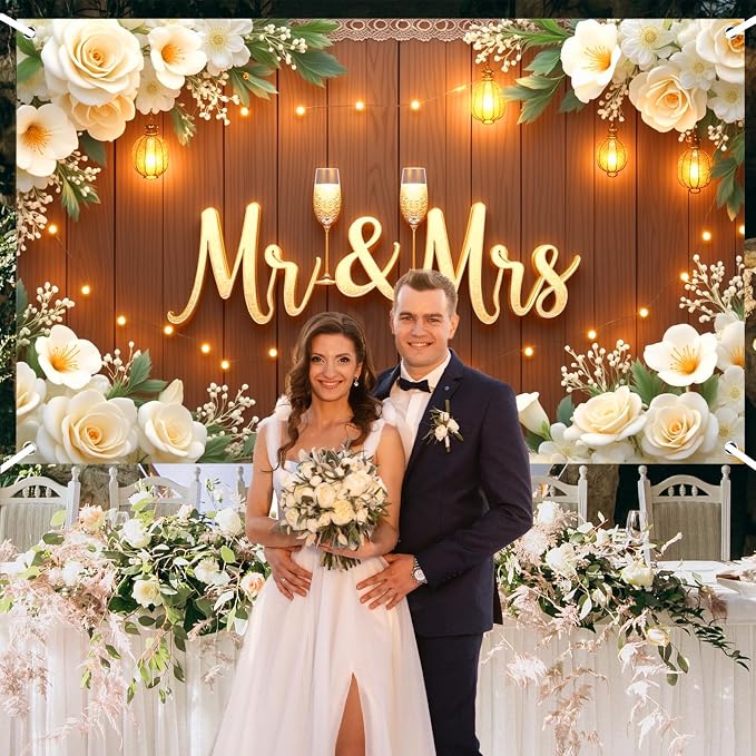 Mr & Mrs Wedding Backdrop Banner Party Decorations Engaged Banner Photo Booth - Image 7