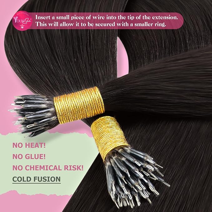 YoungSee Nano Ring Hair Extensions Dark Brown Nano Beads Hair Extensions Human Hair Brown Nano-tips Hair Extension 14 Inch Cold Fusion Nano-Link Hair Extension 50s 50g