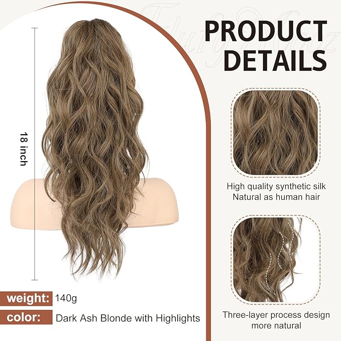 FLUFYMOOZ Wavy Curly Claw Clip Ponytail Extension, 18 Inch Natural Synthetic Hairpiece with Highlights
