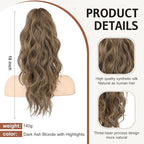 FLUFYMOOZ Wavy Curly Claw Clip Ponytail Extension, 18 Inch Natural Synthetic Hairpiece with Highlights