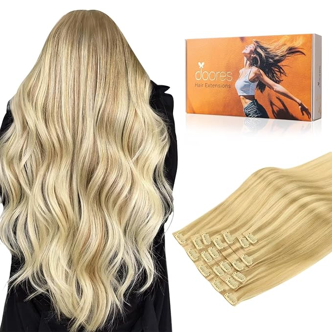 DOORES Seamless Clip in Human Hair Extensions - DirtyBlonde Highlight Golden Blonde, 130g 7pcs 18 Inch, Invisible Edge Natural Straight