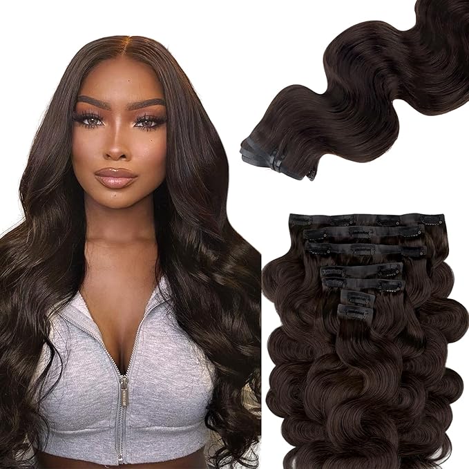 Lashey Seamless Clip in Hair Extensions Human Hair #2 Dark Brown Body Wave Clip in Extensions Real Human Hair 7pcs 110g 16 Inch PU Weft Natural Hair Extensions for Women