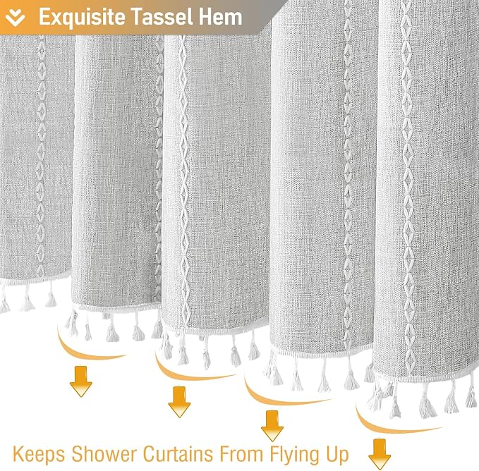Grey Boho Farmhouse Linen Heavy Duty Shower Curtain Set, 72x72 | 330GSM Linen - Image 6