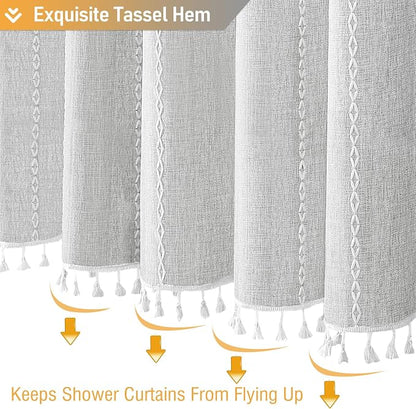 Grey Boho Farmhouse Linen Heavy Duty Shower Curtain Set, 72x72 | 330GSM Linen - Image 6