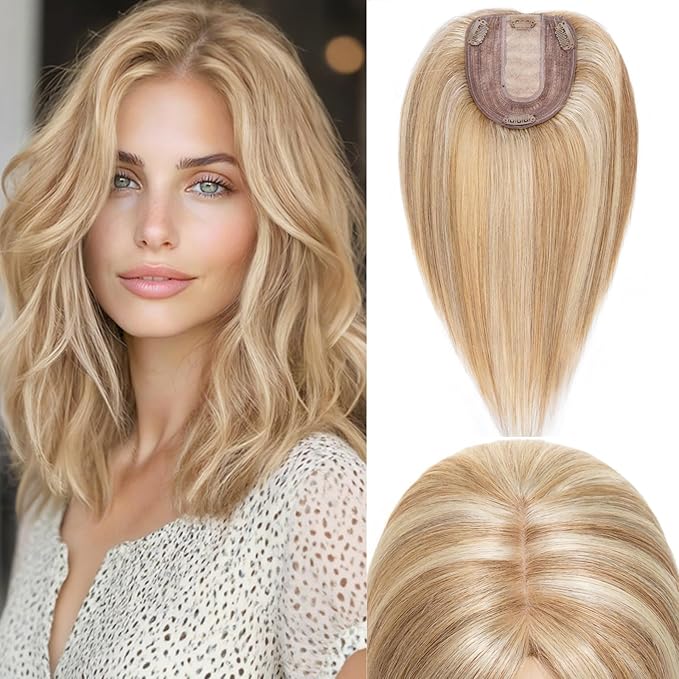Rich Choices Hair Toppers for Women Real Human Hair 100% Human Remy Toppers NO Bangs with Thinning on Top Clip in Hairpiece 4"x4.7"Lace Base 14 Inch #12P613 Golden Brown Highlights Bleach Blonde
