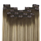 YoungSee 150G Balayage Clip in Hair Extensions Real Human Hair Ombre Hair Extensions Clip ins Walnut Brown Ombre Light Brown with Blonde Clip on Hair Extension for Women 20inch 7pcs