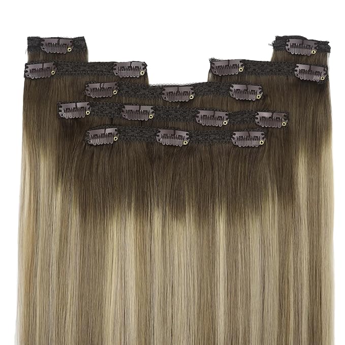 YoungSee 150G Balayage Clip in Hair Extensions Real Human Hair Ombre Hair Extensions Clip ins Walnut Brown Ombre Light Brown with Blonde Clip on Hair Extension for Women 20inch 7pcs