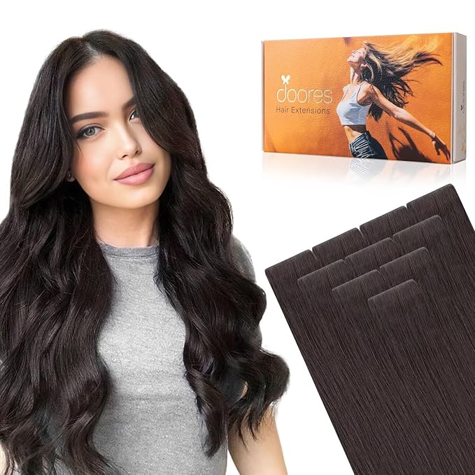DOORES Injection Hair Extensions Real Human Hair Tape in Invisi Edge, Dark Brown 10pcs Injection Tape-ins 25g 16 Inch, Seamless Injected Tape in Extensions Virgin Human Weft