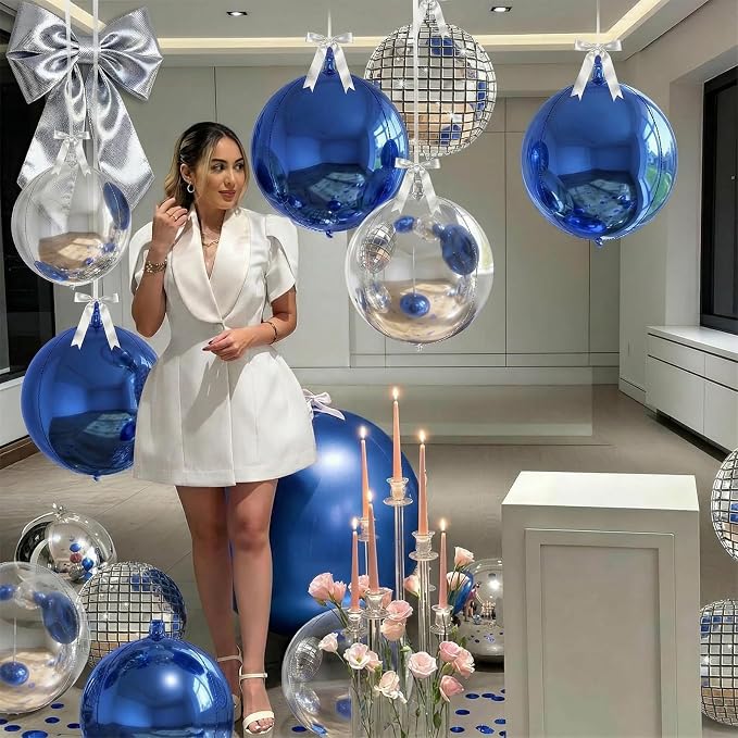 9 Pcs Blue Silver Round Foil Balloons Dark Navy Blue Metallic Silver Disco 4D - Image 6
