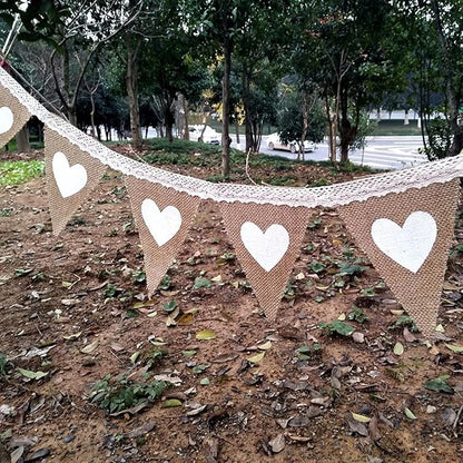 FQTANJU 12Pcs Vintage Heart Jute Burlap Bunting Banner Hessian Flag - Image 7
