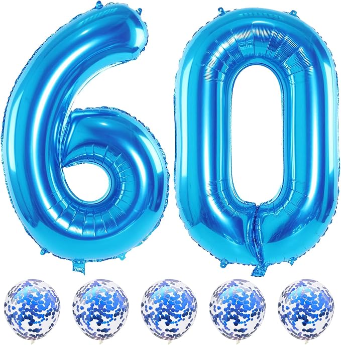 60th Birthday Balloons for Men, 40 Inch Giant Blue Foil Number 60 Balloons by Lingqiang