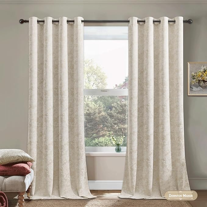 Beauoop Beige Floral Jacquard Blackout Curtains - Image 2