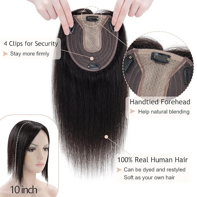 Hair Toppers for Women Real Human Hair No Bangs, 13 * 15 cm Larger Silk Base 150% Density Clip In Topper Hairpieces, Wiglet Top Pieces Add Volume -10 Inch 01B Natural Black