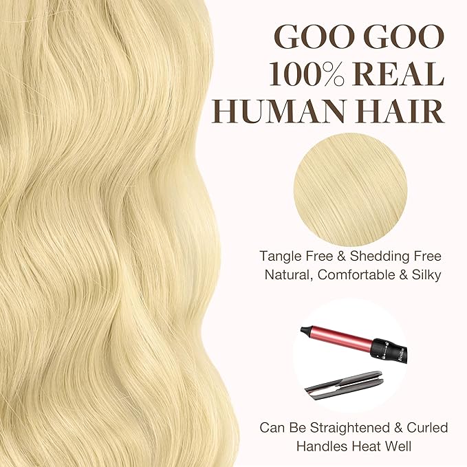 GOO GOO Tape in Hair Extensions Human Hair, 613R Bleach Blonde, 24inch 30g 10pcs, Skin Weft Seamless Invisible, Silky Straight with Thick Ends, Remy Human Hair