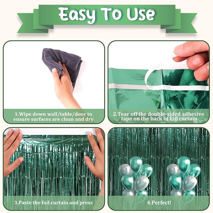Voircoloria 3 Pack 3.3 x 8.2 ft Retro Green Foil Fringe Backdrop Curtains - Image 4