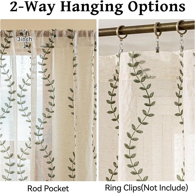 2 Panels Linen Leaf String Floral Embroidered Semi Sheer Curtain Farmhouse - Image 5