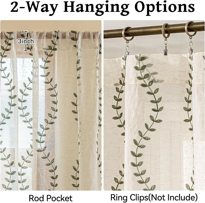 2 Panels Linen Leaf String Floral Embroidered Semi Sheer Curtain Farmhouse - Image 5