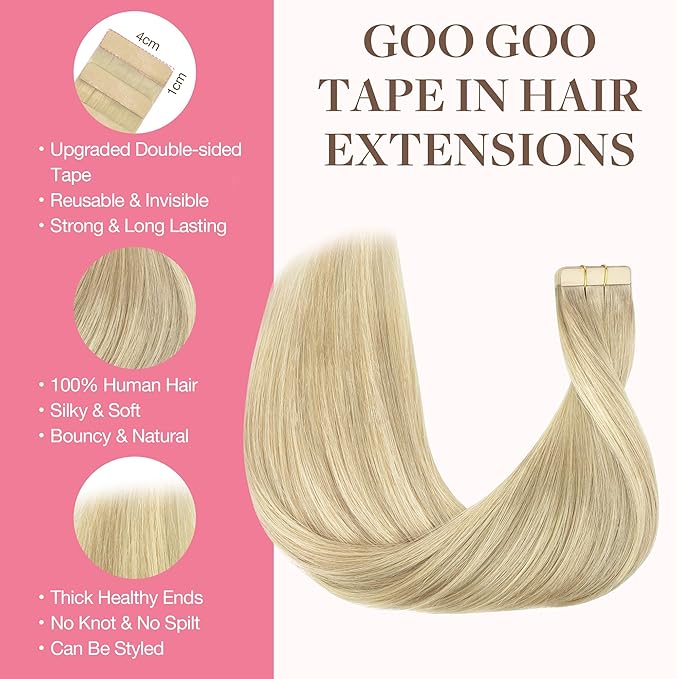 GOO GOO Tape in Hair Extensions Human Hair, 18ET90A Natural Blonde Balayage, 16inch 25g 10pcs, Skin Weft Seamless Invisible, Silky Straight with Thick Ends, Remy Human Hair