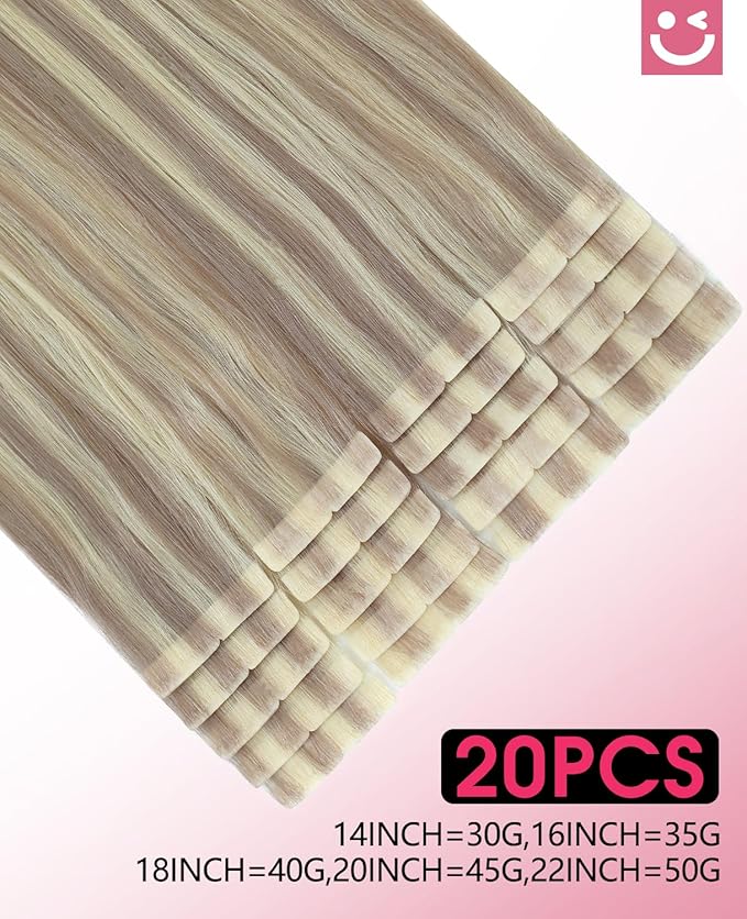 Youngsmile Injection Tape in Hair Extensions Human Hair #18P613 Ash Blonde with Bleach Blonde Real Human Hair 20pcs 35g 16 Inch Injected Tape in Hair Extensions Seamless Tape ins (#18P613,16'')