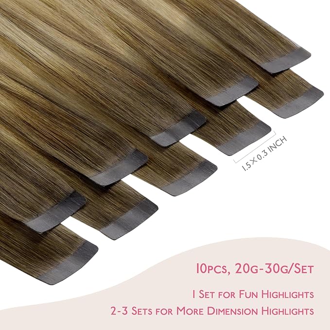 WENNALIFE Tape in Hair Extensions Human Hair Ombre Walnut Brown to Ash Brown and Bleach Blonde Tape in Extensions, 10pcs 25g 14 inch Remy Invisible Tape Ins Straight Real Human Hair Tape in Extensions