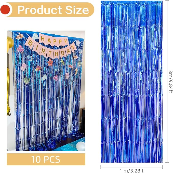5 Pack Blue Foil Curtain Backdrop 3.2ft x 9.8ft Metallic Tinsel Foil Fringe - Image 3