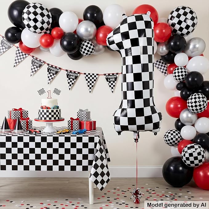 40" Checkered Number 1 Balloon for 1th Race Theme Birthday Party Supplies | 40 - Image 3