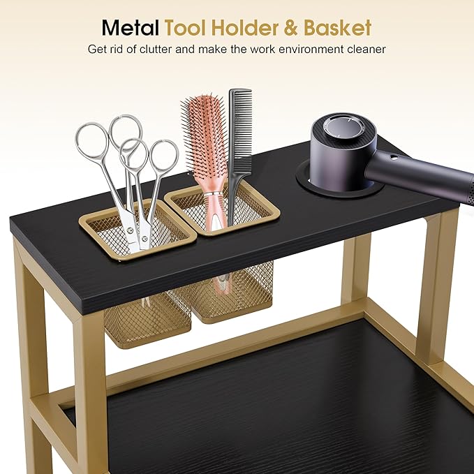 BarberPub Rolling Salon Cart with Storage Drawers, Barber Trolley with Metal Tool Holder & Basket, Beauty Salon Equipment for Hair Stylist 2084 (Black)