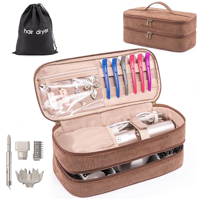 Double-layer Hair Tools Travel Case with Black Hair Dryer Bag with Detachable Divider compatible with Shark FlexStyle/SmoothStyle - Flat Curling Iron Travel Organizer