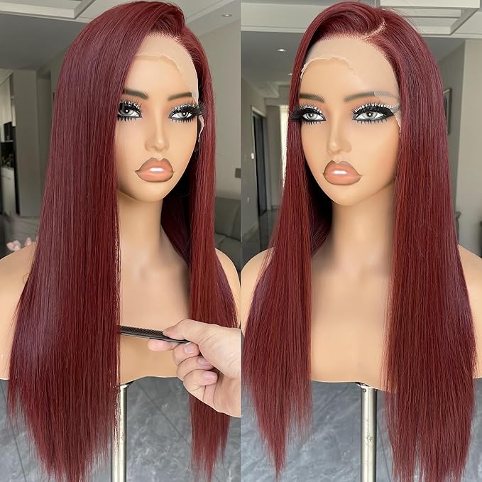 BLL Burgundy Wig, Synthetic Lace Front Ready to Wear Glueless Pre Plucked 13x4 Straight HD Lace 99j Wigs 26 Inch For Black Women Suitable For Everyday Wear