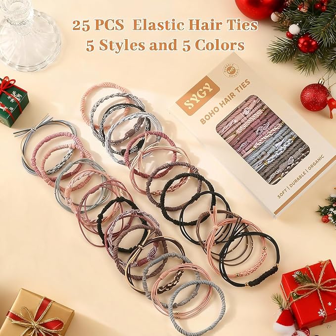 25 PCS Boho Hair Ties, Bracelets Hair Ties for Thick or Thin Hair, 5 Styles Boho Ties for Ponytail Holders, 2.36’’ Hair Ties No-Damage, Christmas Gifts, Multicolor