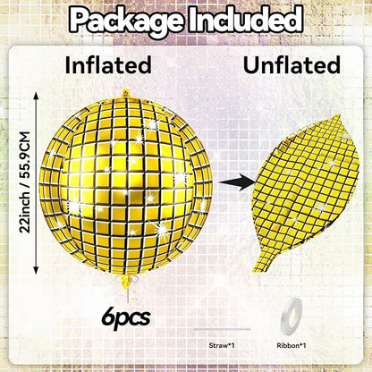 6pcs 22 Inch Gold Disco Ball Balloons, 4d Large Foil Aluminum Balloon - Image 2