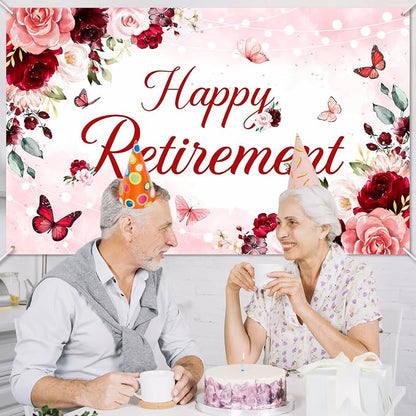 Happy Retirement Banner for Women Burgundy Floral Retirement Party Decorations - Image 6