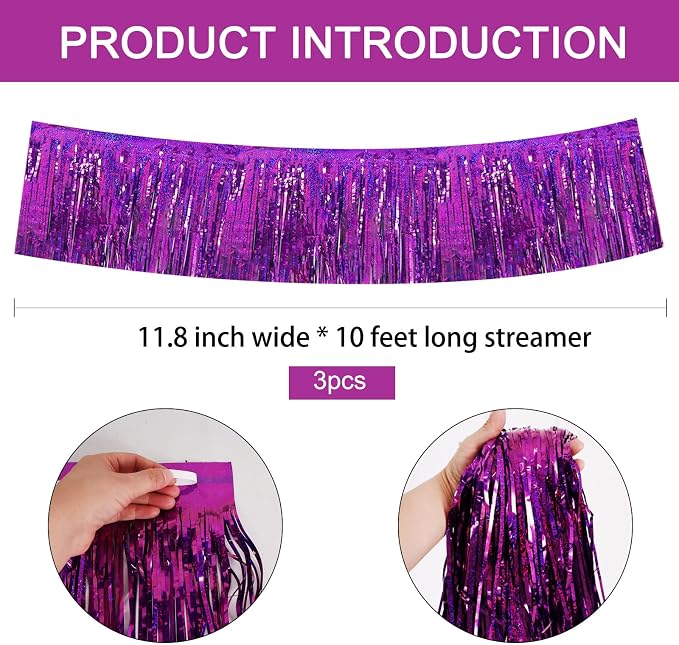 BEISHIDA Laser Purple Fringe Garland Banner 30ft Wall Tinsel Foil Streamers | - Image 2