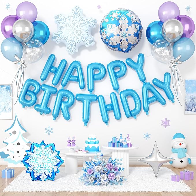 29PC Blue Winter Happy Birthday Balloon Banner, 16Inch 3D Aluminum Letter by Paready