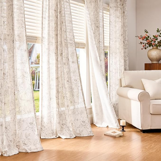 jinchan Floral Linen Curtains for Living Room 96 Inch Length Taupe Flower - Image 8