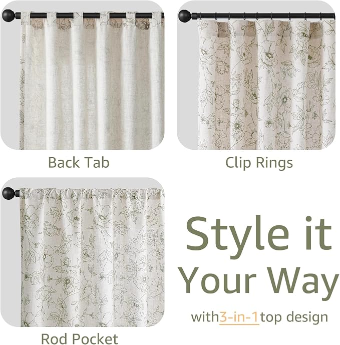 jinchan Floral Linen Curtains for Living Room 84 Inch Length Green Flower - Image 6
