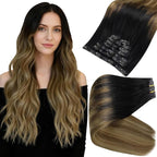 Full Shine Ombre Clip in Hair Extensions Real Human Hair 12 Inch Black to Light Brown with Honey Blonde Seamless Clip ins Invisible Remy Hair Softness 8 PCS 95 G