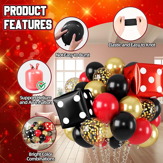Red Black Gold Balloon, 22 Inch Dice Foil Balloons, Metallic Gold Confetti - Image 3
