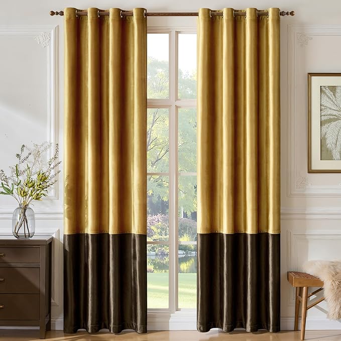 Brown Gold Velvet Blackout Curtains Luxury Decor 72 inches, Color Block | - Image 5