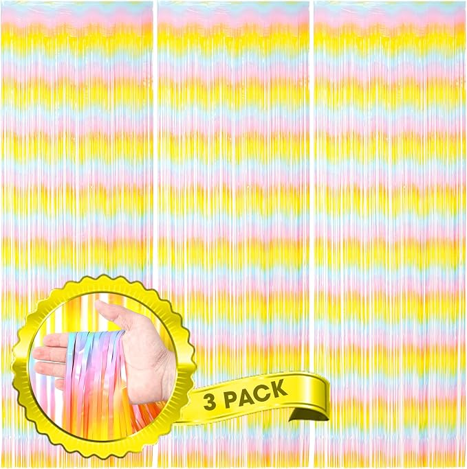 Voircoloria Pastel Foil Fringe Backdrop Curtains, 3 Pack | Tinsel Streamers by Voircoloria