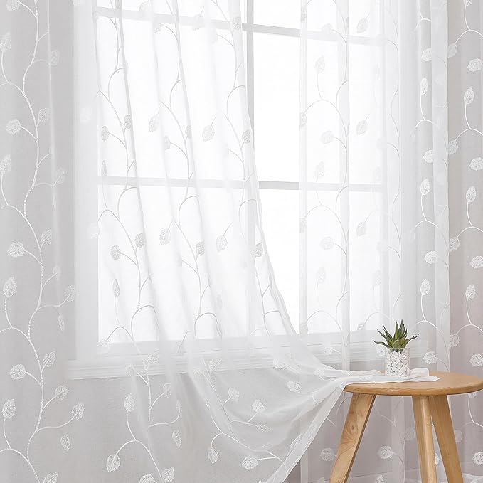 White Sheer Curtains Decorative Embroidered Leaf 63 Inches Long | Light by VISIONTEX