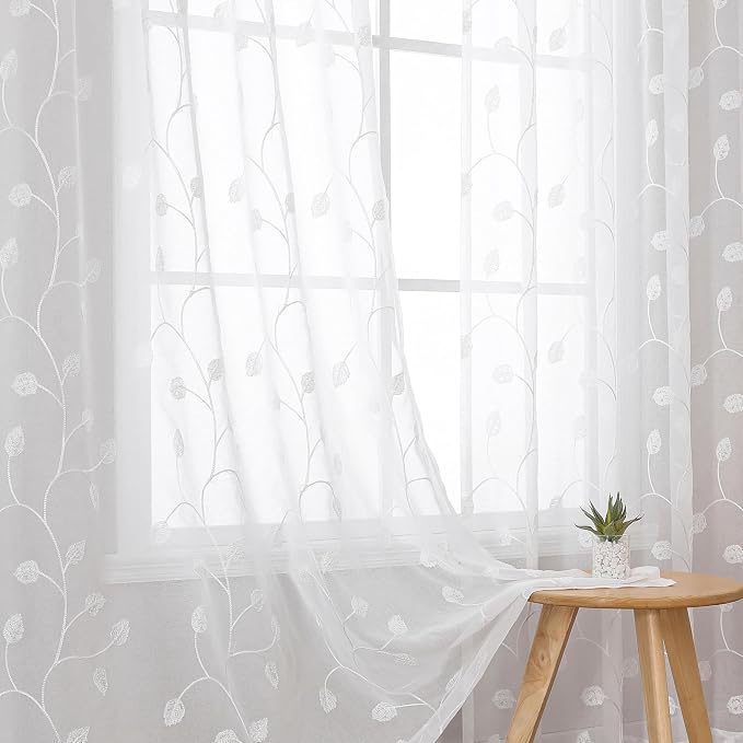 White Sheer Curtains Decorative Embroidered Leaf 84 Inches Long | Light by VISIONTEX