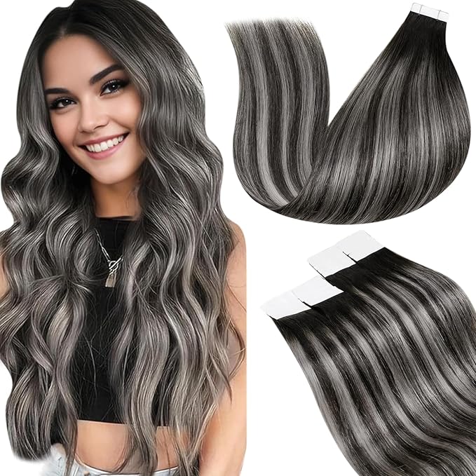 LaaVoo Tape in Hair Extensions Human Hair Balayage Tape in Human Hair Extensions Ombre Off Black to Silver Grey Hair Extension Tape on Soft Hair 22inch 20pcs 50g