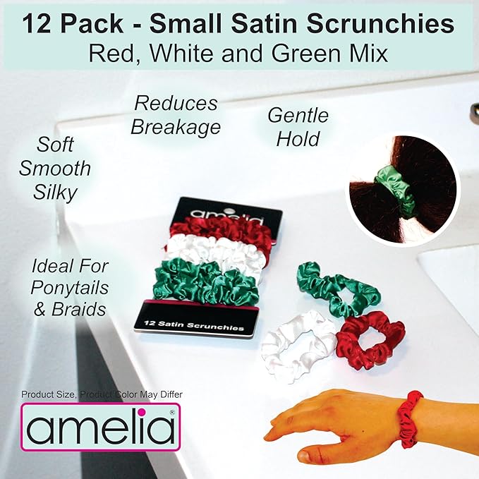 Amelia Beauty, Red, White and Green Satin Small Scrunchies, 12-Pack – No Damage Hair Ties for Women, Gentle & Durable Hair Accessories, 2.5in x 0.5in
